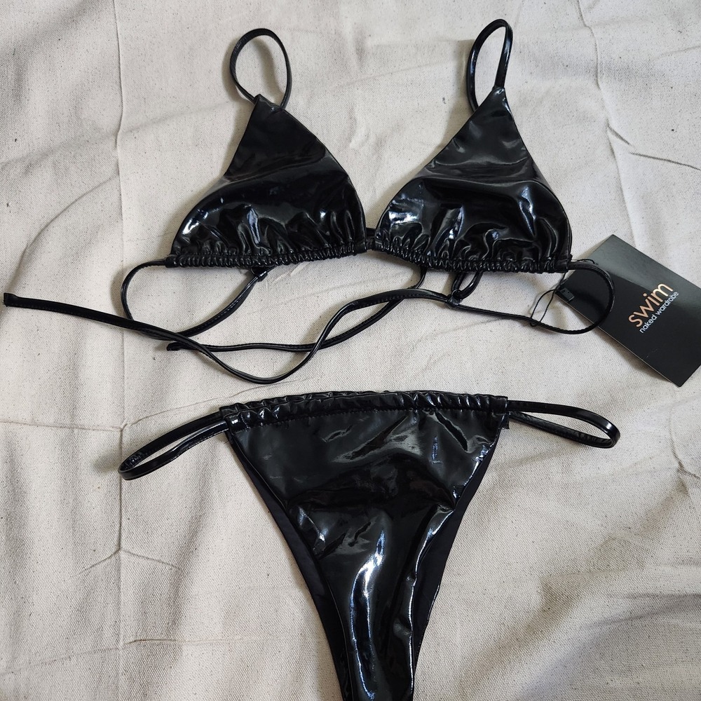 New Naked Wardrobe Swim 2 Piece Bikini Set M Glossy Black Patent Rave Festival